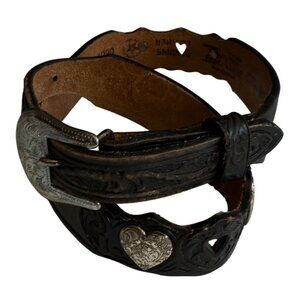 VTG Silver Creek Embossed Tooled Leather Hearts Western Belt Women's Black